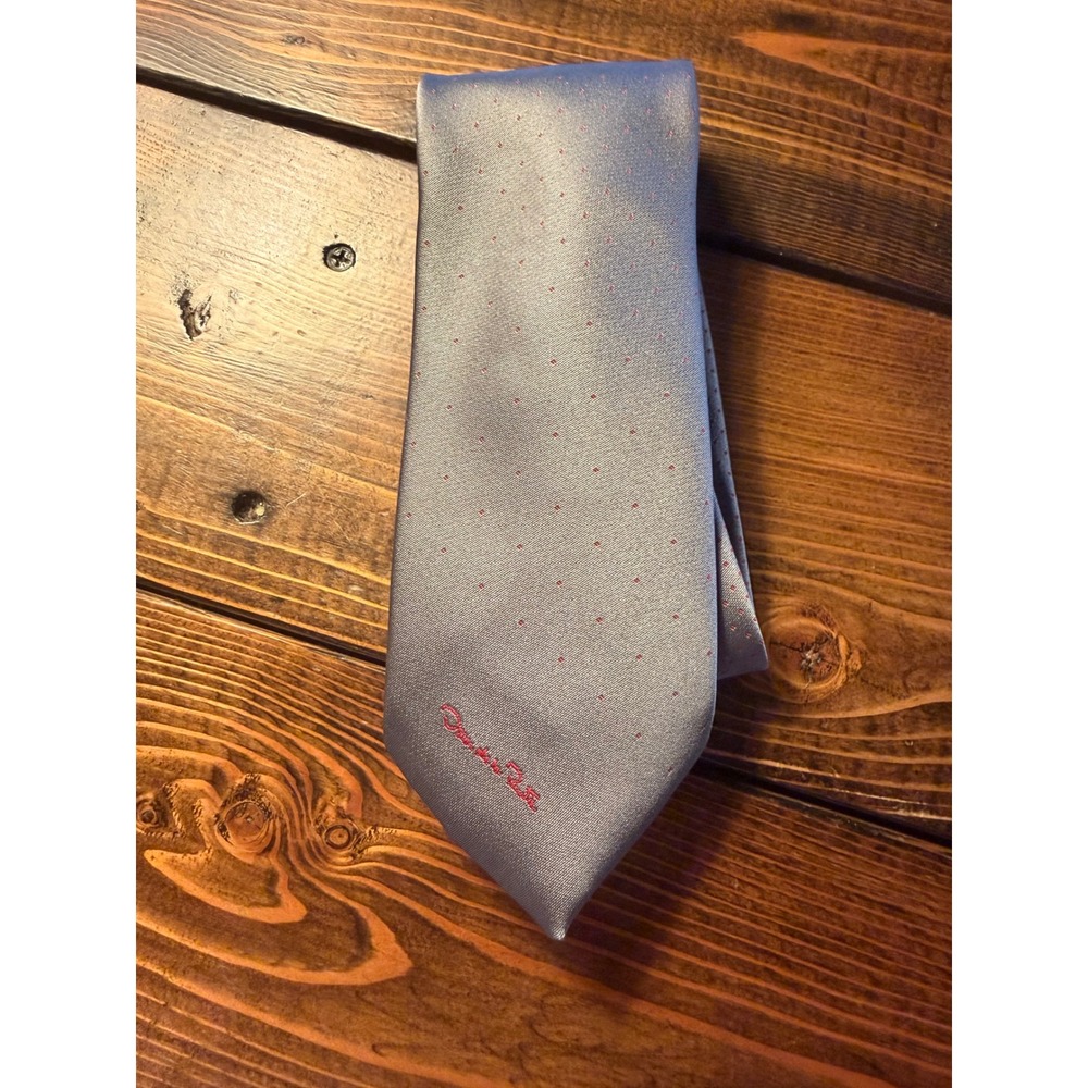 Oscar de la Renta Mens Silver Grey Red Micro Dot Silk Blend Necktie 3.5" Wide